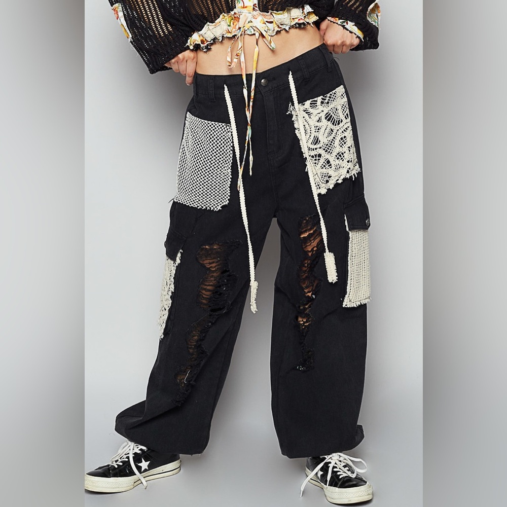 POL Black and Cream Distressed Joggers